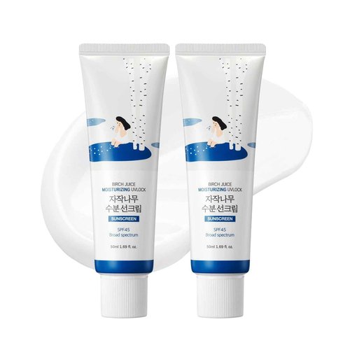 ROUND LAB Birch Juice Moisturizing UV LOCK SPF 45 1+1 (2-pack), Hydrating Lotion-like Lightweight Glow Sunscreen for Sensitive Skin, No White Cast, Fragrance-Free, Protector Solar, Korean Sunscreen