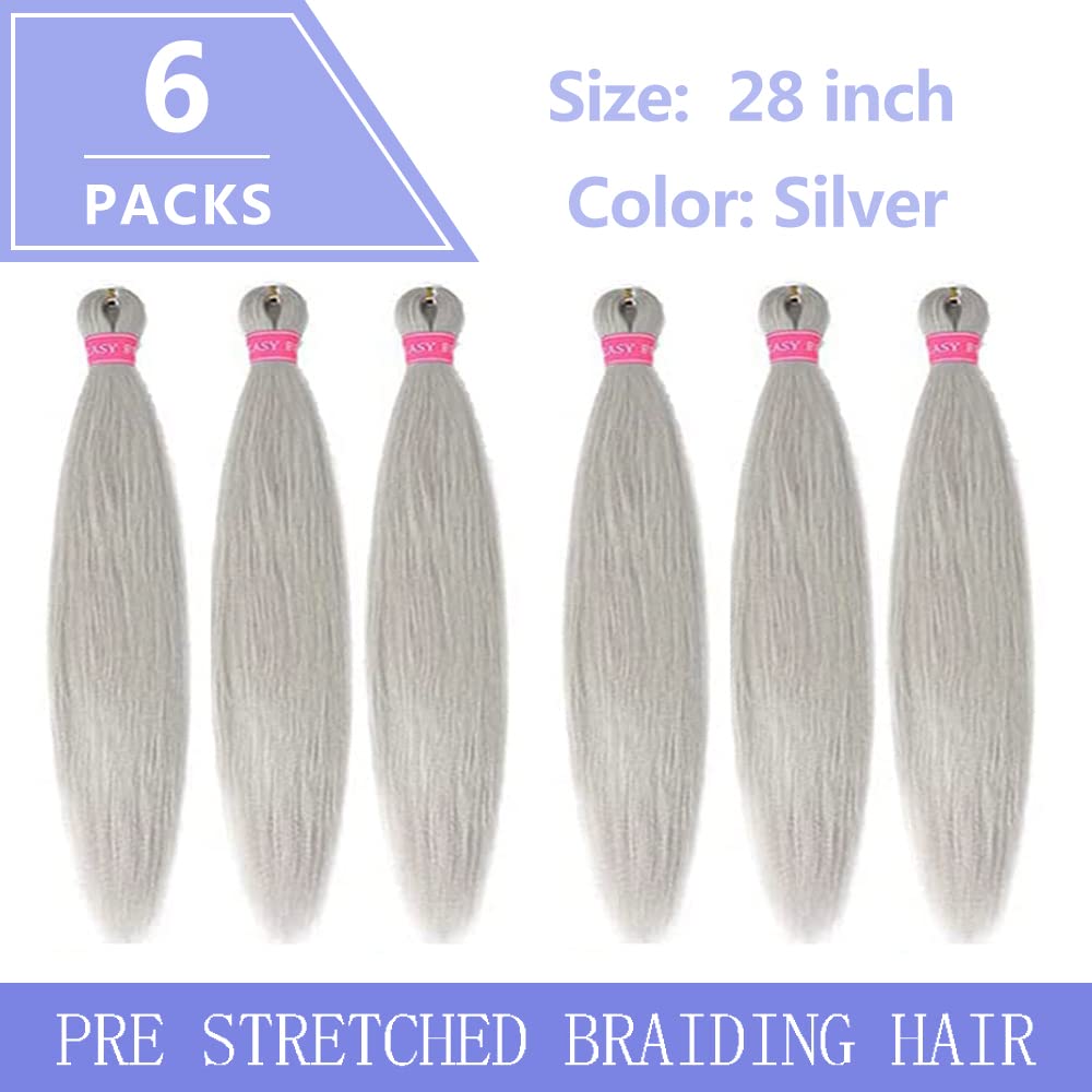 ZERAL Pre Stretched Braiding Hair 6 Packs 28 Inch Long Braiding Hair Professional Synthetic Braiding Crochet Twist Braids Yaki Straight Texture Hair Hot Water Setting (Silver)