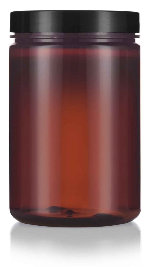 (6 pack) 25 oz Large Amber PET Plastic Refillable Jar with Black Smooth Foam Lined Lid