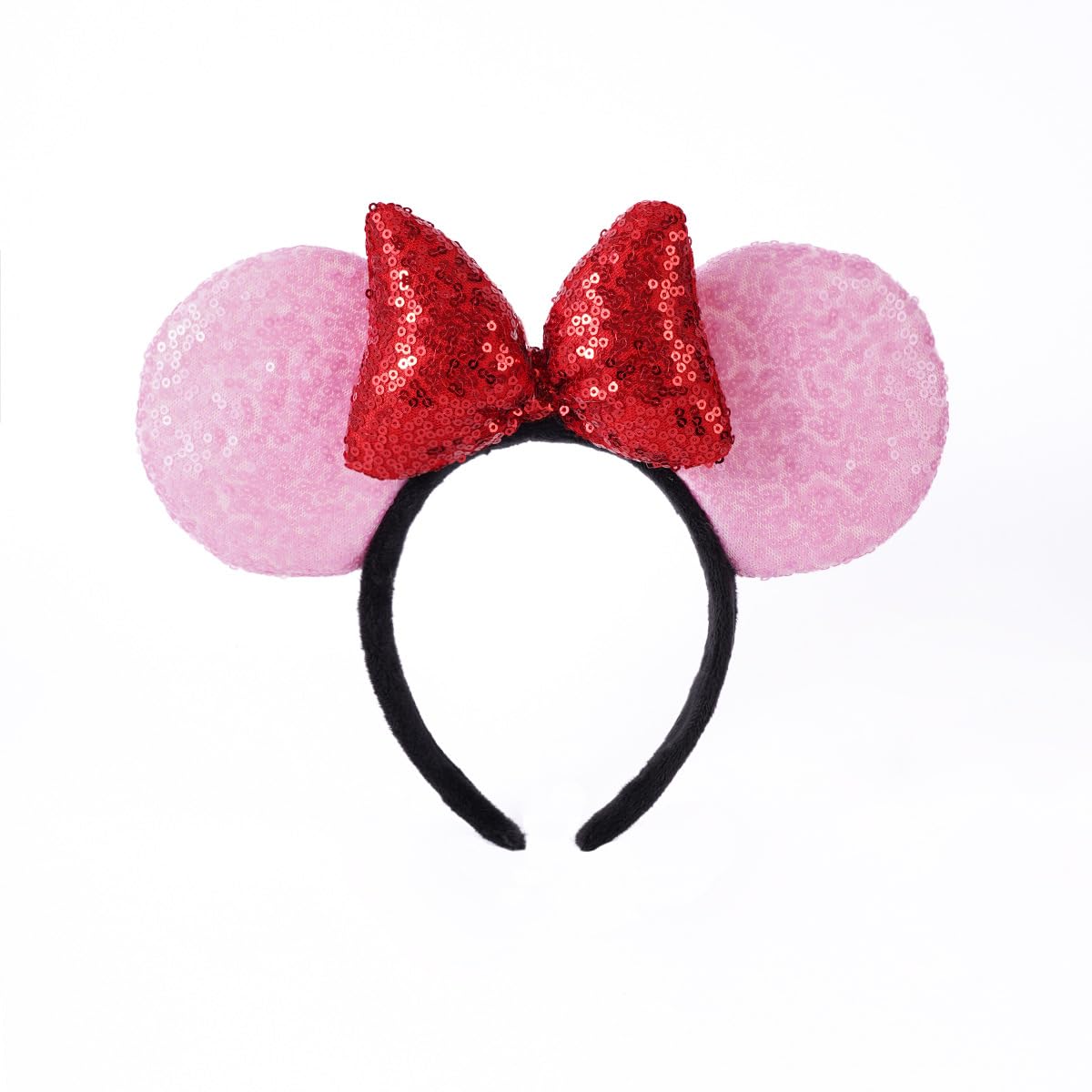 YOVECATHOU Mouse Deluxe Ear Bow Headbands Sequins Hairbands Women Hair Accessories For Cosplay Costume Party (Light Pink Red)