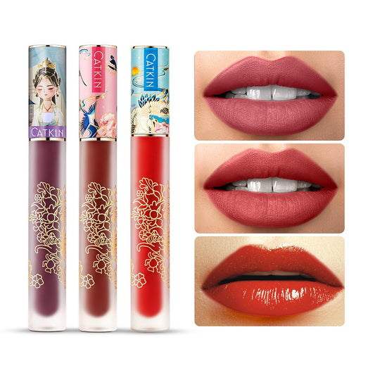 Catkin Semi Matte Liquid Lipstick Lip Gloss for Women Tinted High Pigmented, Waterproof Long Lasting Moisturizing Smooth Velvet Effect 3pcs 01