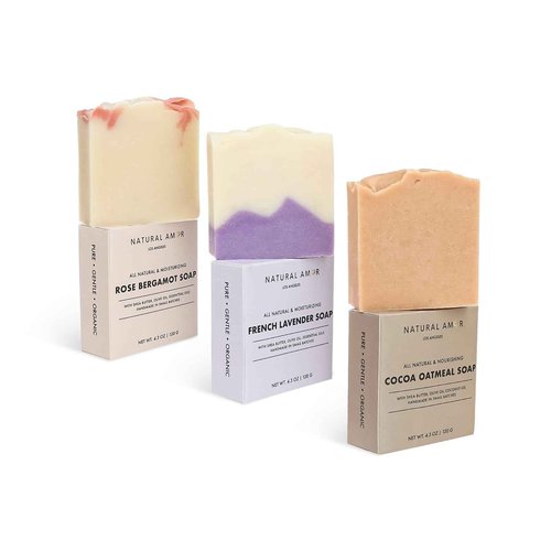 Natural Amor All Natural Handmade Soap Bar, Nourishing 3 pack- Rose Bergamot, Lavender, Unscented Oatmeal Bar Soap, 4.3 OZ each