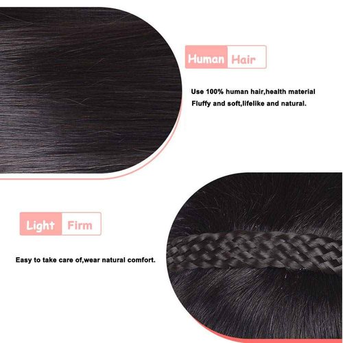 16" Women Human Hair Braided Headband Hairpiece Natural Looking Hairband Braids Human Hair Topper with Bangs Twist Braid Clip in Human Hair Extension Natural Black