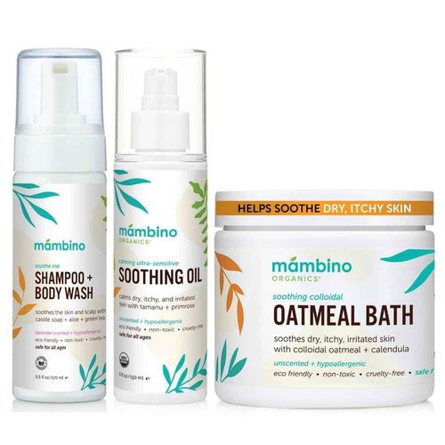 Mambino Organics Soothing Bath Set, Organic Oatmeal Bath Soak, Soothe Me Shampoo & Body Wash, and Calming Oil, Gentle for Sensitive Skin, Vegan, Baby Bath Essentials, 3-Pack, 5.5 oz Each