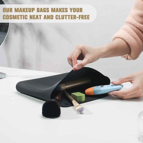 FERYES Silicone Makeup Bag, Premium Travel Toiletry Bag for Women, Easy Carry Cosmetic Bag for Makeup, Beauty Tools, and Brushes -Black