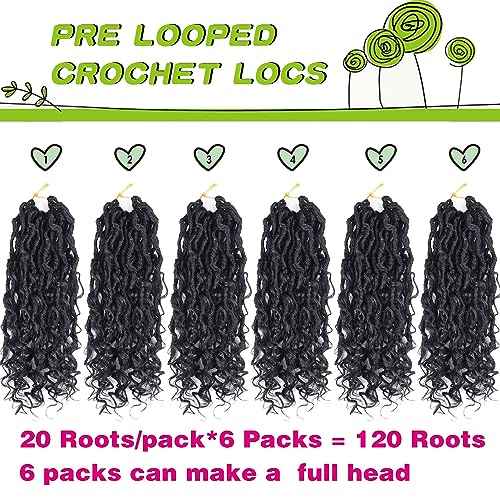 Curly Faux Locs Crochet Hair Extensions 8 Inch 120 roots Goddess Locs Crochet Hair for Black Women Pre Looped Soft River Locs Crochet Braids with Curly Hair Boho Hippie Locs (8 Inch, 6 Packs, T1B)