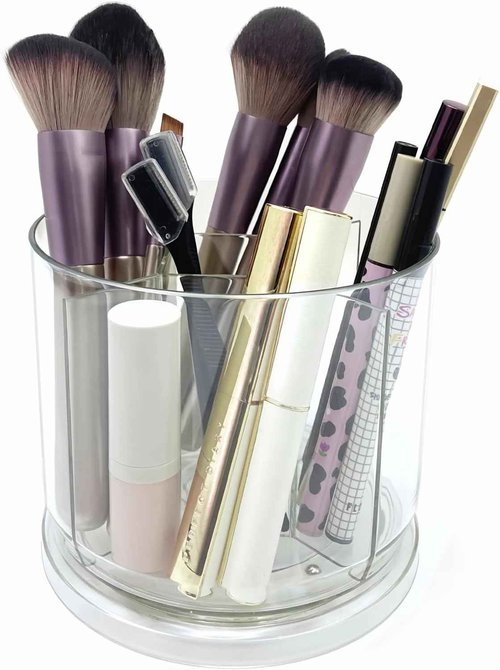 LOOENM Makeup Brush Holder 360 Rotating Makeup Brushes Organizer for Vanity, 5 Slots Makeup Organizers & Storage, Multi-Functional Pencil Pen Holder for Desk, Cosmetic Storage Container Cup (Clear)