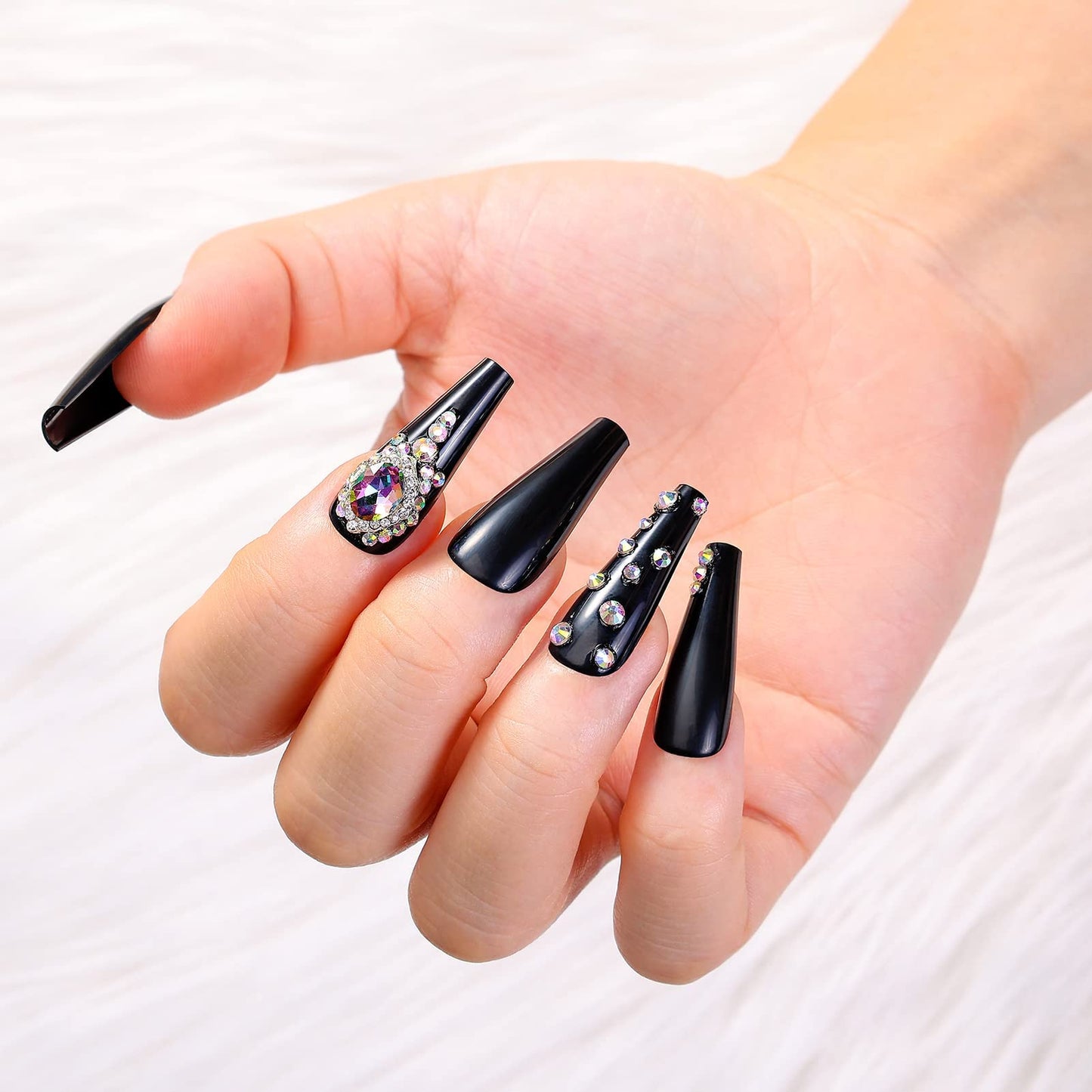 Artquee 24pcs Press on Nails Luxury Gem Black Ballerina Rhinestones Long Coffin Glossy Fake Nails False Tips Manicure for Women