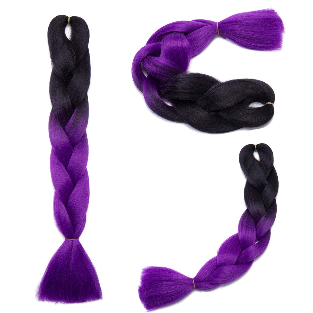 24 Inch Ombre Jumbo Braiding Hair Extensions Jumbo Braid Hair Ombre Long Jumbo Braids For Box Twist Braid Crochet Hair High Temperature Fiber 3 Tone Colored (5 Bundles, Black to Dark Purple)