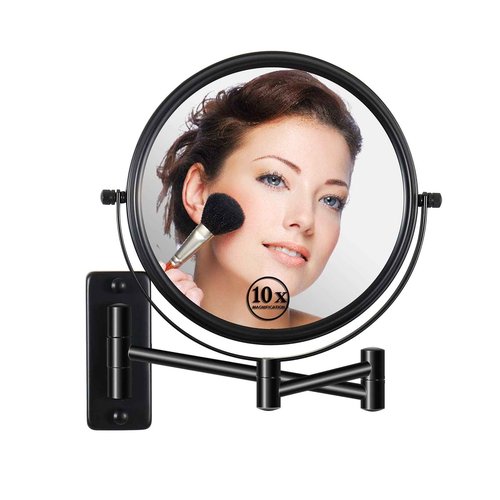 LANSI Wall Mounted Magnifying Makeup Mirror with 1X 10X Magnification and Extendable Arm, 8 Inch Double Sided Vanity Mirror for Bathroom, Wall Mirror for Teen Girls, Women, Matte Black