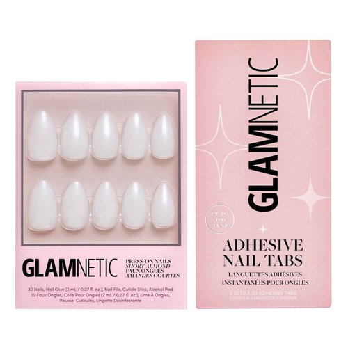 Glamnetic Press-On Nails & Adhesive Nail Tabs - Hailey | Glossy, Semi-Transparent, Short Almond Nails, Reusable | 15 Sizes - 30 Nail Kit with Adhesive Tabs