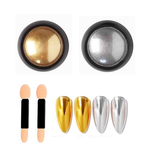 Superfine French Silver Gold Nail Chrome Powder Set Black White Snow Design Sugar Effect Nail Glitters Pigment Dust Silver Gold Chrome Nail Powder Kit Manicure Accessories DIY Crafts (2 Bottles)