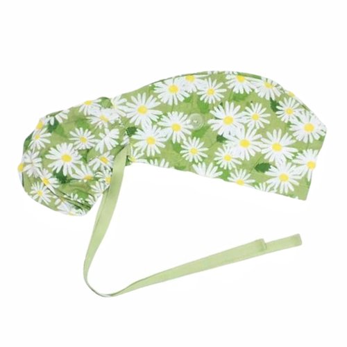 Scrub Cap with Buttons - Cotton Cap with Sweatband, Adjustable Ponytail Working Cap, Tie Back Hats for Women, Green Chrysanthemum, One Size