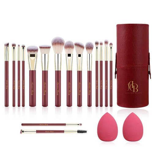 Anactoro Beauty Travel Makeup Brush Set, 16 Professional Vegan Matte Wood Handle Red Gold Makeup Brushes Set and 2 Makeup Sponges, ON-THE-GO Make up Brushes Set with Case (Red)