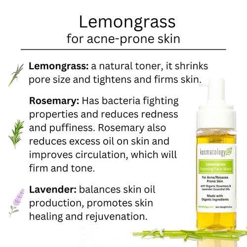 kosmatology Lemongrass Organic Foaming Face Wash – 6 fl oz | Natural Acne Treatment for Oily & Rosacea-Prone Skin | Gentle Cleanser with Rosemary & Lavender | Vegan & Cruelty-Free