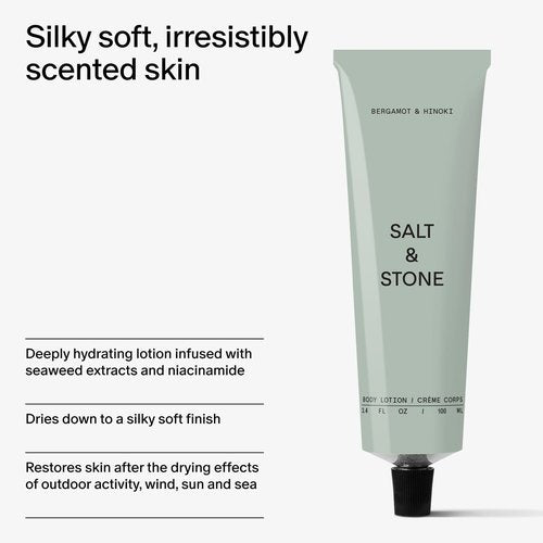 Salt & Stone Body Lotion for Women & Men | Hydrates, Nourishes & Softens Skin | Restores Dry Skin | Fast-Absorbing | Cruelty-Free & Vegan (100 ml) (Bergamot & Hinoki)