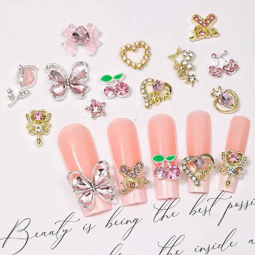 60 Pcs Nail Charms Y2k Alloy Nail Art Charms 3D Gold Heart Star Bow with Rhinestones Pink Cherry Tulips Nail Gems Shiny Jewelry Nail Decorations Accessories Supplies 3