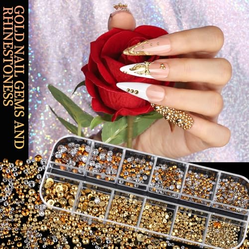 Teenitor Gold Nail Charms and Gems Set, 4 Boxes Nail Gems Nail Pearls Nail Art Tools, 3D Cross Nail Charms Heart Nail Rhinestones for Nails Supplies, Charms for Nails Design Nail Art Kit