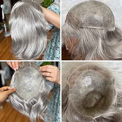 Dreambeauty Human Hair Toupee for Men 10x8 inch, European Human Hair Lace Front Natural Hairline Hair Pieces 0.08mm Thin Skin PU V-looped Men's Hair Replacement System (20% #1B Color Mixed 80% Grey Synthetic Hair)