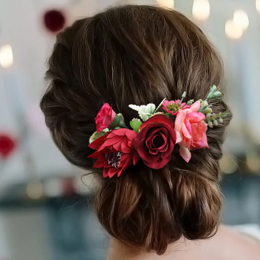 Fangsen Wedding Flower Hair Comb Bridal Flower Hair Clip Floral Hair Accessories for Women and Girls (Red)