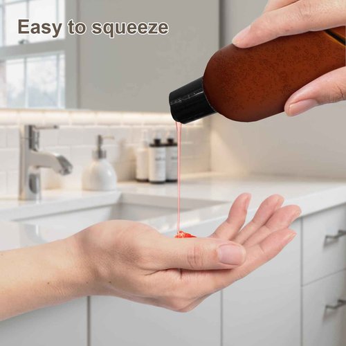 ZLEVEAYN 2 Pack 8 oz Amber Plastic Squeeze Bottles with Black Disc Caps Refillable Empty Travel Containers Bottles for Shampoo Conditioner Toiletries Lotions Oils BPA Free