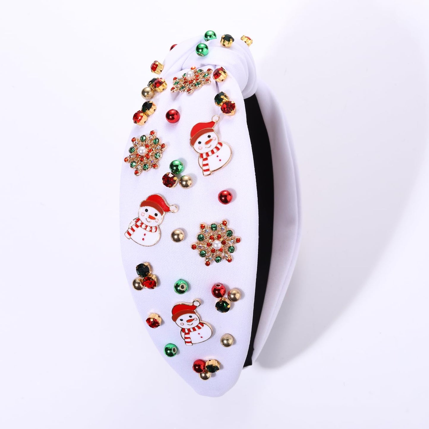 PHALIN Christmas Holiday Headband for Women Christmas Accessories Reindeer Snowflake Candy Cane Knotted Headband Red Green Beaded Rhinestone Pearl Wide Top Knot Headband Xmas Plaid Hairband (Snowman)