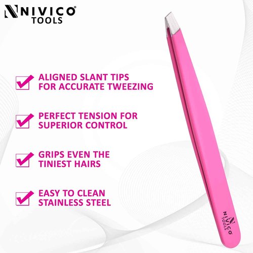 NIVICO Eyebrow Tweezer Hair Removal, Slant Stainless Steel 9.5cm Ingrown Facial Hair Tweezers for Men And Women (Pink Coated)