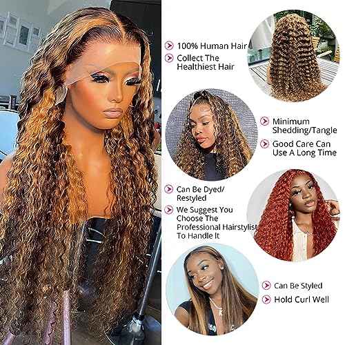 28 Inch Ombre Highlight Lace Front Wigs Human Hair Deep Wave 13x6 Transparent Lace Front Wigs 4/27 Ombre Human Hair Wet and Wavy Curly Glueless Wig Pre Plucked with Baby Hair 180% Density