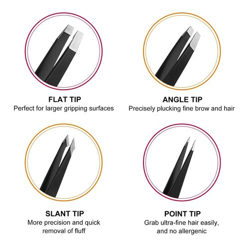 SetSail 4-Piece Tweezers Set, Eyebrow Tweezers Black Stainless Steel Slant, Slanted Pointed, Round Pointed & Flat Tip Tweezers for Precision Grooming for Women & Men