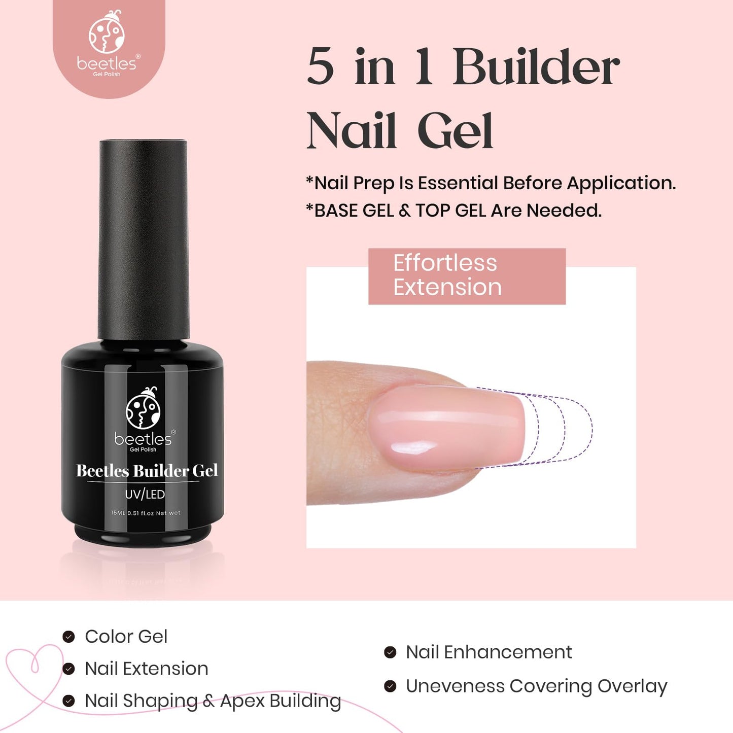 Beetles Builder Gel 15ML, 5 in 1 Builder Strengthener Gel Translucent Pink Jelly Hard Gel Nail Extension Brush in Bottle UV Gel Nail Polish, No Slip Solution Need Base Gel Needed