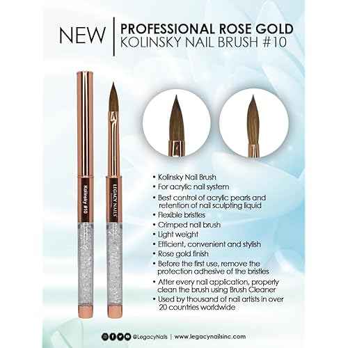 Legacy Nails Professional Rose Gold Kolinsky Nail Brush #10 - Perfect For Sculpting Acrylic Nail Extensions Flexible bristles Light weight