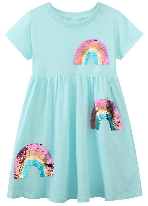 Hongshilian Toddler Girl Cotton Casual Dress Cartoon Appliques Short Sleeve Tunic Jersey Clothing(6T,Rainbow & Sequin)