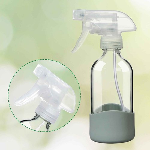 OCMML 8oz Clear Glass Spray Bottles with Silicone Sleeve–Refillable Spray Bottles for Cleaning Solutions,Hair,Plants&Essential Oils–Leakproof,Adjustable Nozzle,Reusable,Eco-Friendly (1 Pack)
