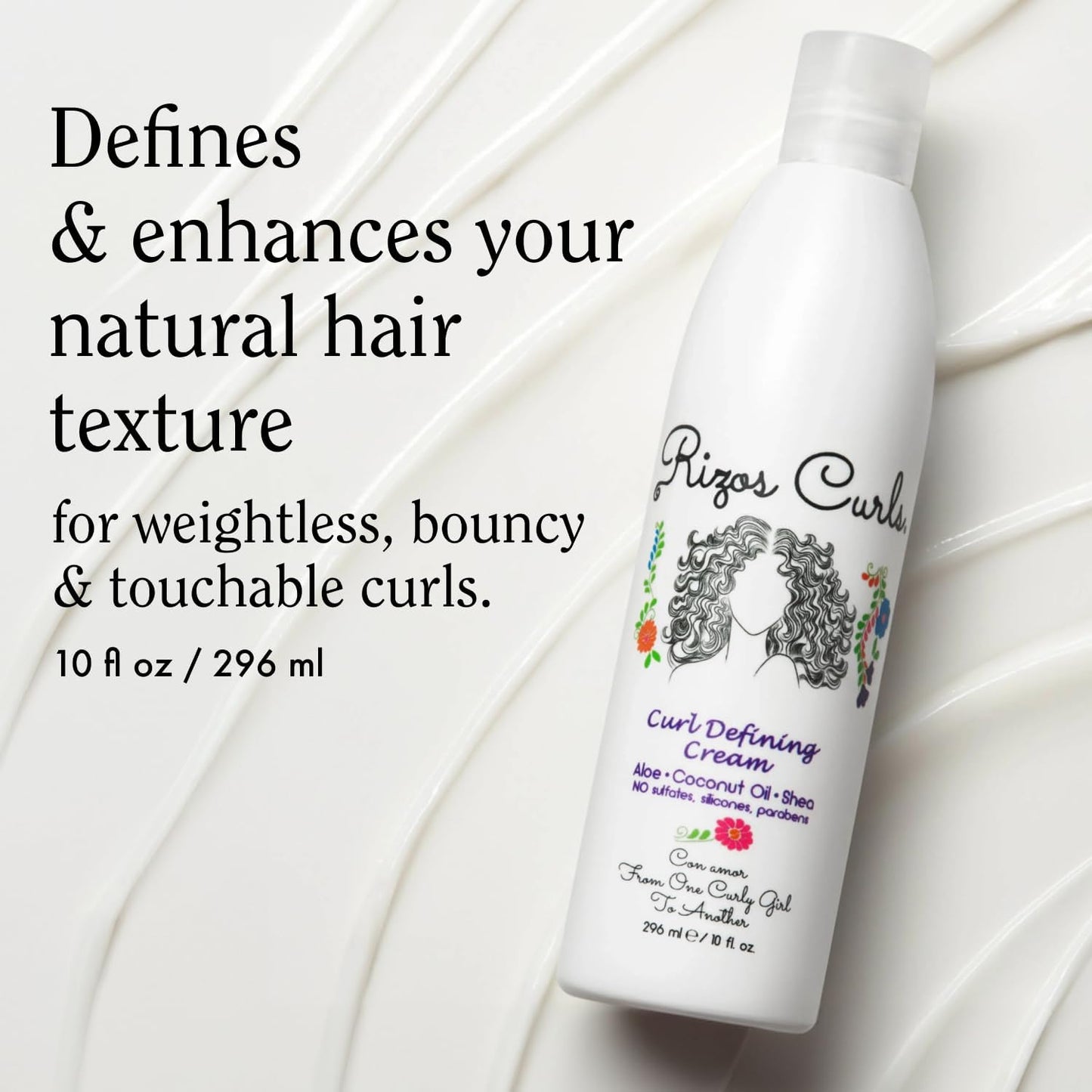 Rizos Curls Curl Defining Cream, Enhance Waves, Curls & Coils, Soft Hold Weightless Volume, Moisturizing Frizz-Free Shine with Aloe Vera, Coconut Oil & Shea Butter, All Curl Patterns 2a - 4c, 10 oz