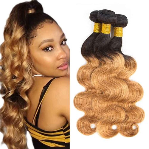 1B27 Ombre Body Wave Bundle Blonde Human Hair 3 Bundles 100% Unprocessed Virgin Hair Brazilian Double Weft Extensions Blonde Color 10 12 14 Inch For Women