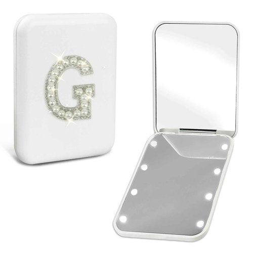 Aganmi Travel Mirror with Lights Initial 1X/2X Magnification LED Compact Mirror, Portable Pocket Mirror Small Folding Handheld Makeup Mirror Mothers Day Birthday Gifts for Women Teen Girls White G