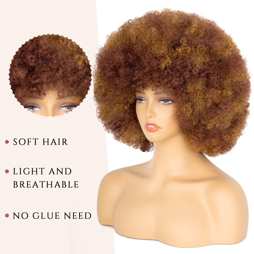 70's Afro Wig for Women, Mixed Brown Short Afro Kinky Curly Wig, Glueless Synthetic Wig with Bangs, Puffy & Fluffy Bouncy Afro Wig for Daily Cosplay Party