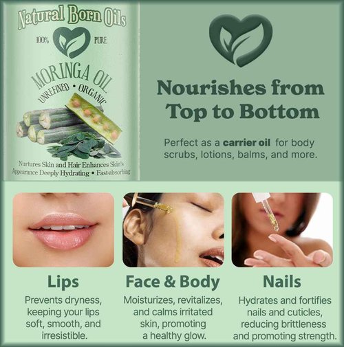 Natural Born Oils Moringa Oil, 16 oz, Organic, Cold‑Pressed, Nutrient‑Rich, Enhances Skin Softness & Hair Shine