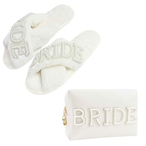 Kovewon Bridal Shower Gifts, Bride to Be Letter Makeup Bag with Pearl Rhinestone Fuzzy Bride Slippers Wedding Engagement Gifts for Her, Bachelorette gifts