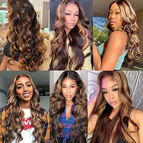 P4/27 Highlight Blonde Bundles Human Hair Body Wave Bundles 22 22 22 Inch Human Hair Weave 3 Bundle Unprocessed Brazilian Virgin Hair Brown Body Wave Human Hair Extensions 50 Grams/Bundle