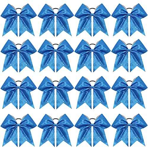 16PCS 8" Large Glitter Cheer Bows for Cheerleaders, CN Sparkly Hair Bows with Elastic Hair Ties Accessories for Teens Girls Women Cheerleading Softball Competition Sports (Blue)