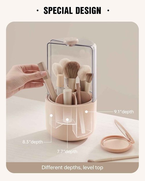 EACHY Makeup Brush Holder 360° Rotating with Dustproof Lid, Waterproof Material, 7 Compartments for Organized Storage, Stylish and Durable Design for Vanity (White)