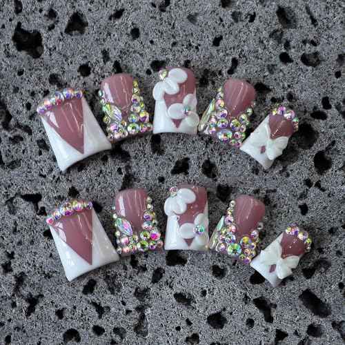 Handmade Press on Nails Rhinestones Press on Nails Short Duck Shaped Fake Nail White French Acrylic Nails Full Cover Reusable Flower False Nail for Women Girls Nail Accessories (Size M)