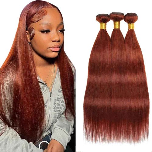 #33 Reddish Brown Straight Human Hair Bundles 3 Bundles Straight Hair Brazilian Virgin Human Hair Extensions Unprocessed Hair Bundles for Women 14 16 18 Inch