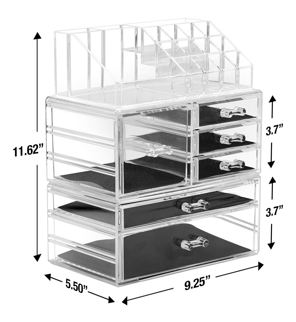 Sorbus Large Clear Makeup Organizer - Detachable 3-Piece Jewelry & Make Up Organizers and Storage Set - Spacious Cosmetic Display Tower - Makeup Organizer for Vanity, Bathroom, Dresser & Countertop