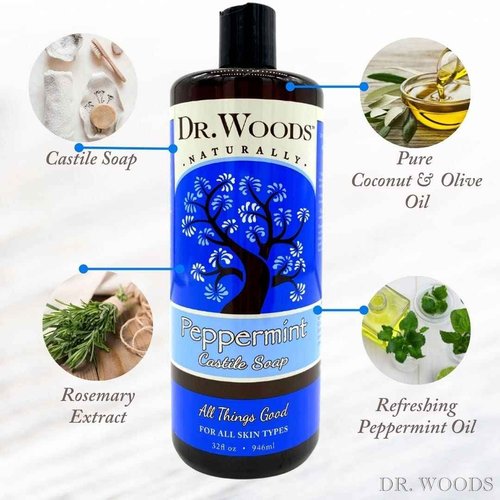 Dr. Woods Peppermint Liquid Castile Soap- Castile Soap with Pure Peppermint Oil, Body Wash for Men and Women, Contains Olive Oil, Natural Cleanser for Face, Hands, and Body - 32 Fl Oz, Pack of 2