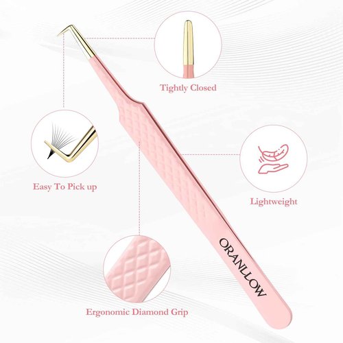 Oranllow Lash Tweezers Set for Eyelash Extensions - 3 Precision Fiber Tip Diamond Grip, Volume,L-shape Boot, 90 Degree Lash Tweezers for Volume Classic Lashes Premade Fans (3)