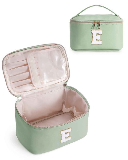 Wandering Nature Initial Makeup Bag, Personalized Travel Make Up Organizer Cosmetic Bags with Brush Holder in Vegan Leather, Gift with Chenille Letter for Moms, Wives, Girlfriend, Besties
