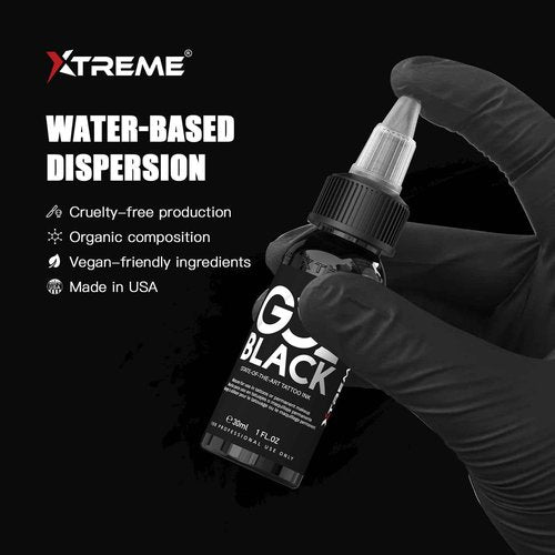 Xtreme GO2 Tattoo Ink 1OZ / 30ML Intense Black for Bold Fillings Highly Concentrated Smooth Application Vegan for Tattoo Artists