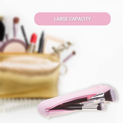 Eco-Fused Travel Makeup Brush Holder with Zipper, 2 Pack, Silicon Trendy and Portable Cosmetic Face Brushes Holder, Soft and Sleek Makeup Tools Organizer for Travel (Pink & Black)